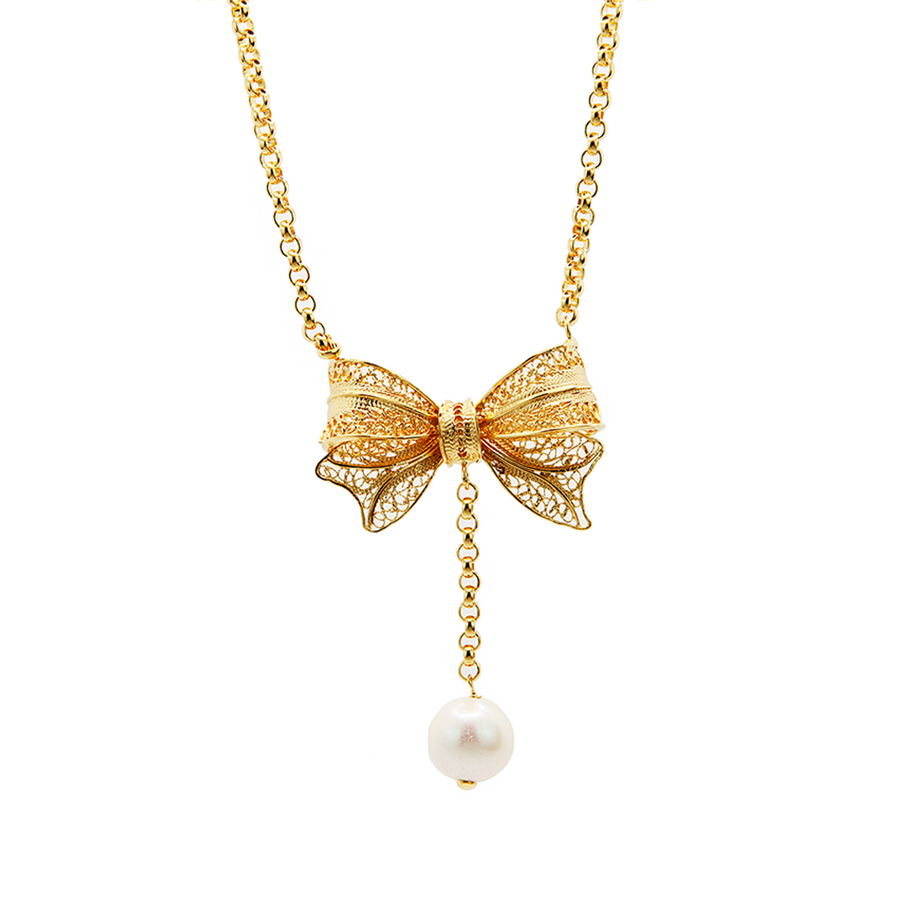 Lace Bow And Pearl Pendant Necklace