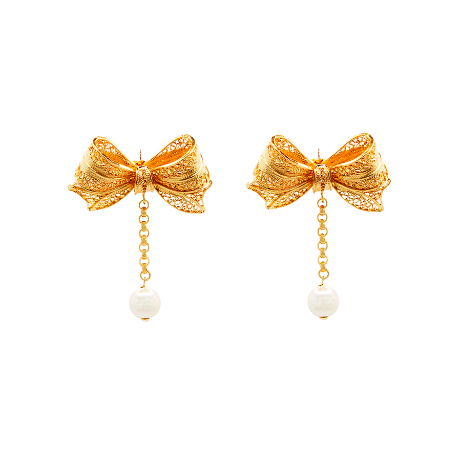 Lace Bow And Pearl Earrings - Freshwater Pearl Earrings