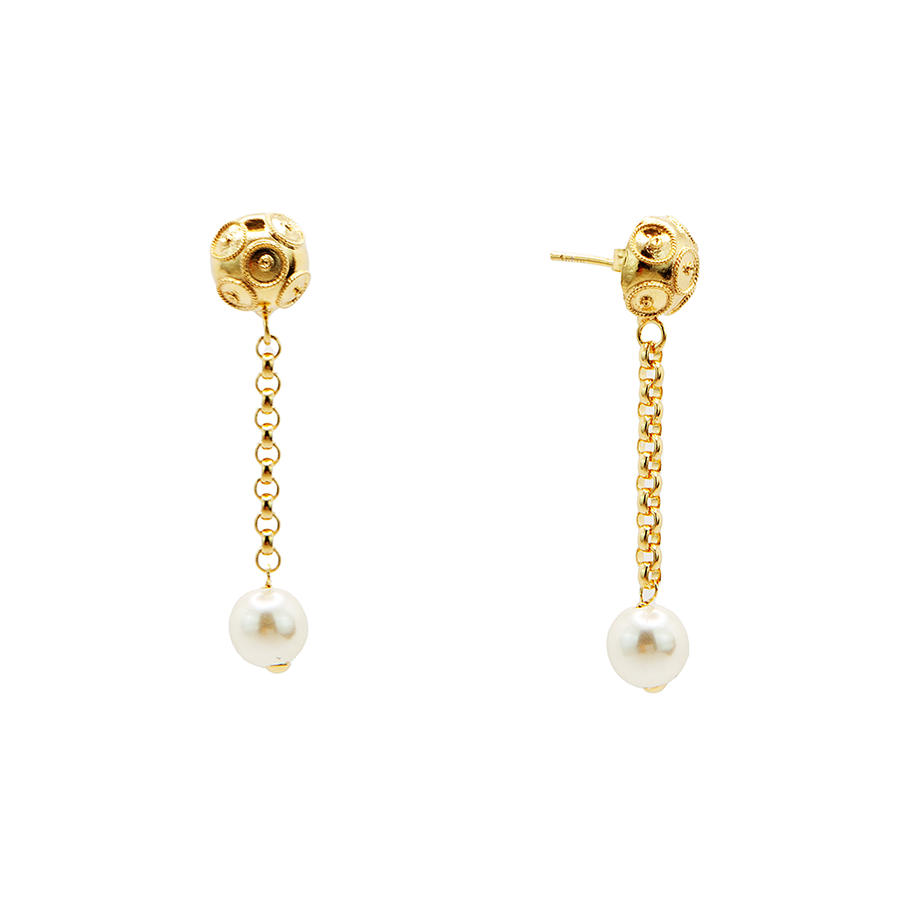 Pearl Dangle Contas Gold Earrings 