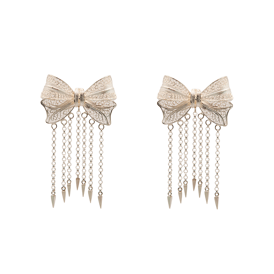 Lace Bow Fringe Earrings in Sterling Silver