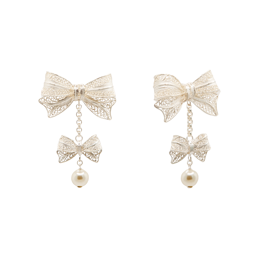 Freshwater Pearl Drop Earrings | Dual Bow Dangle Earrings in Sterling Silver