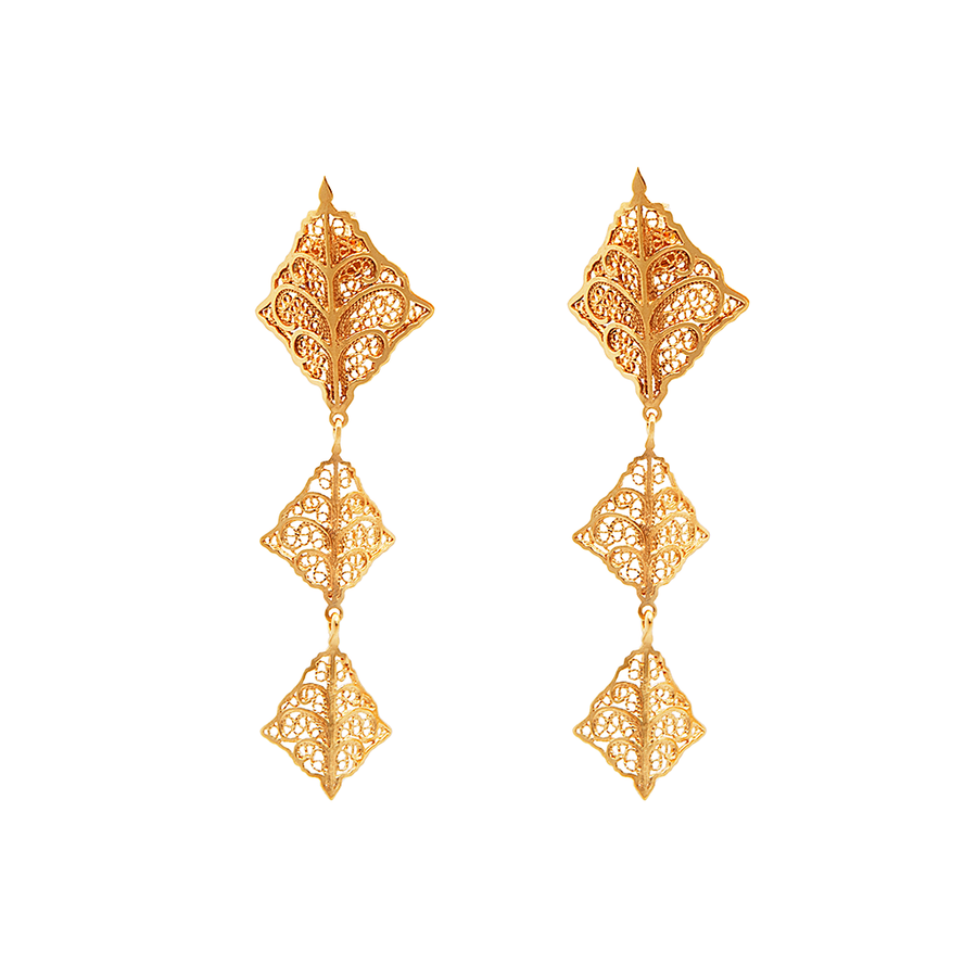 Triple Lace Veil Drop Earrings - Gold filigree earrings
